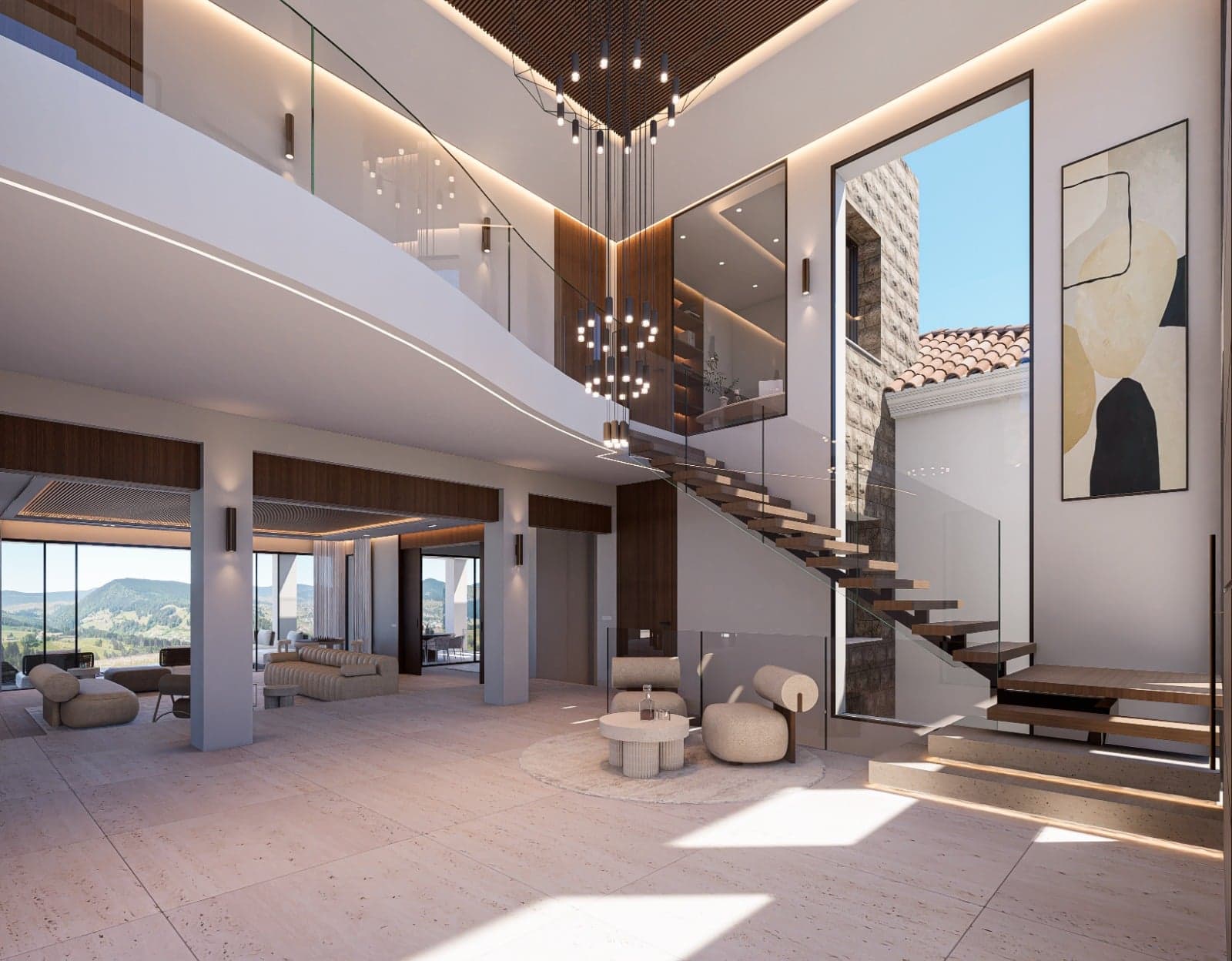 Dobbelhøj entréhal med svævende trappe