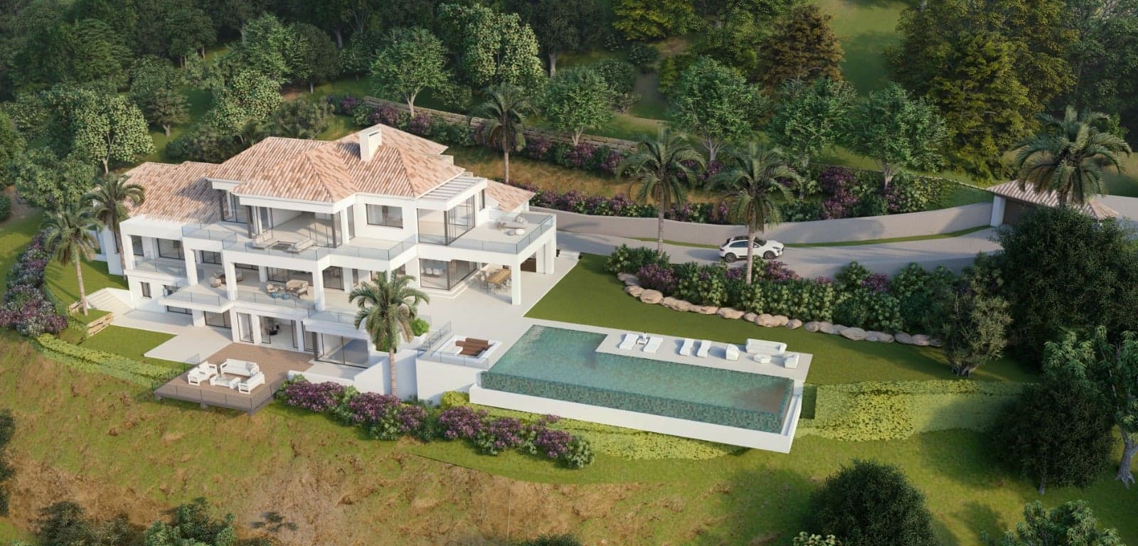 Luksusvilla med pool set fra luften, Sydspanien